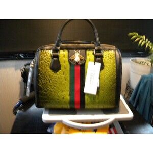 Sage Green Faux Croc Large Bee striped Boston Bag NWT